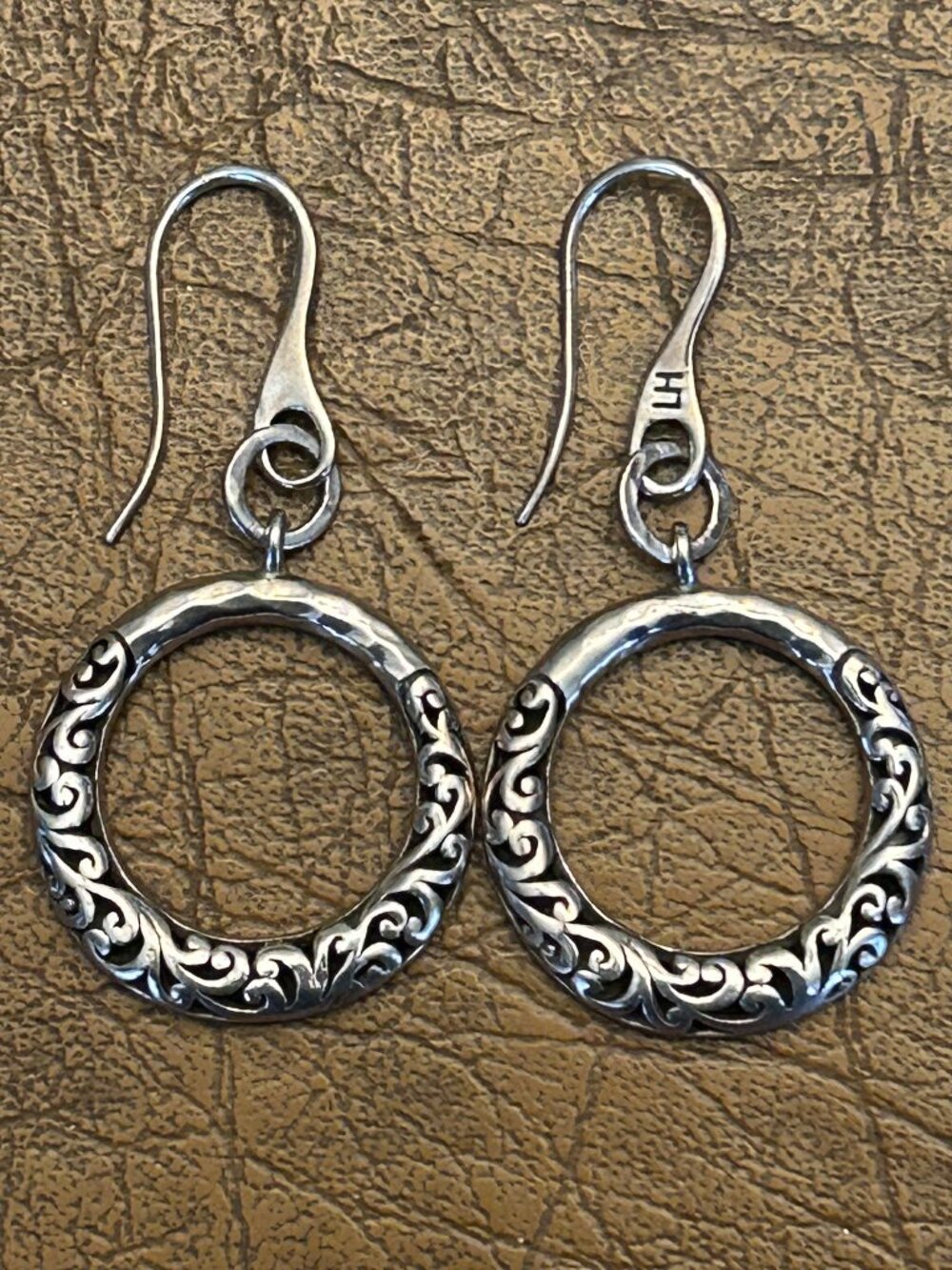 Lois Hill Sterling Silver Open Scroll Filigree Round Dangle Hoop Earrings